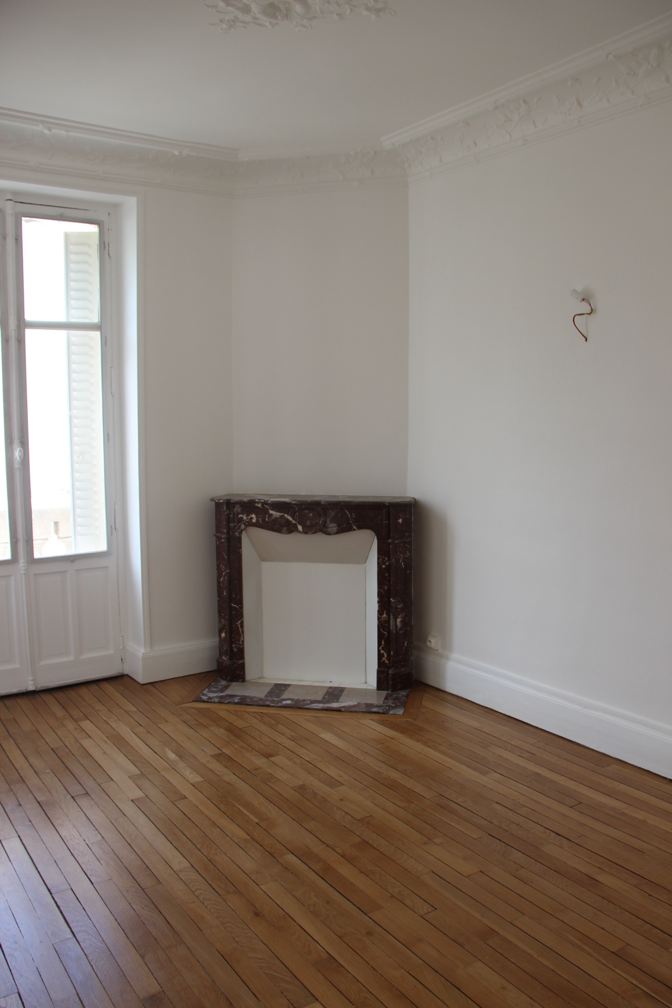 Séjour : cheminée en marbre et parquet